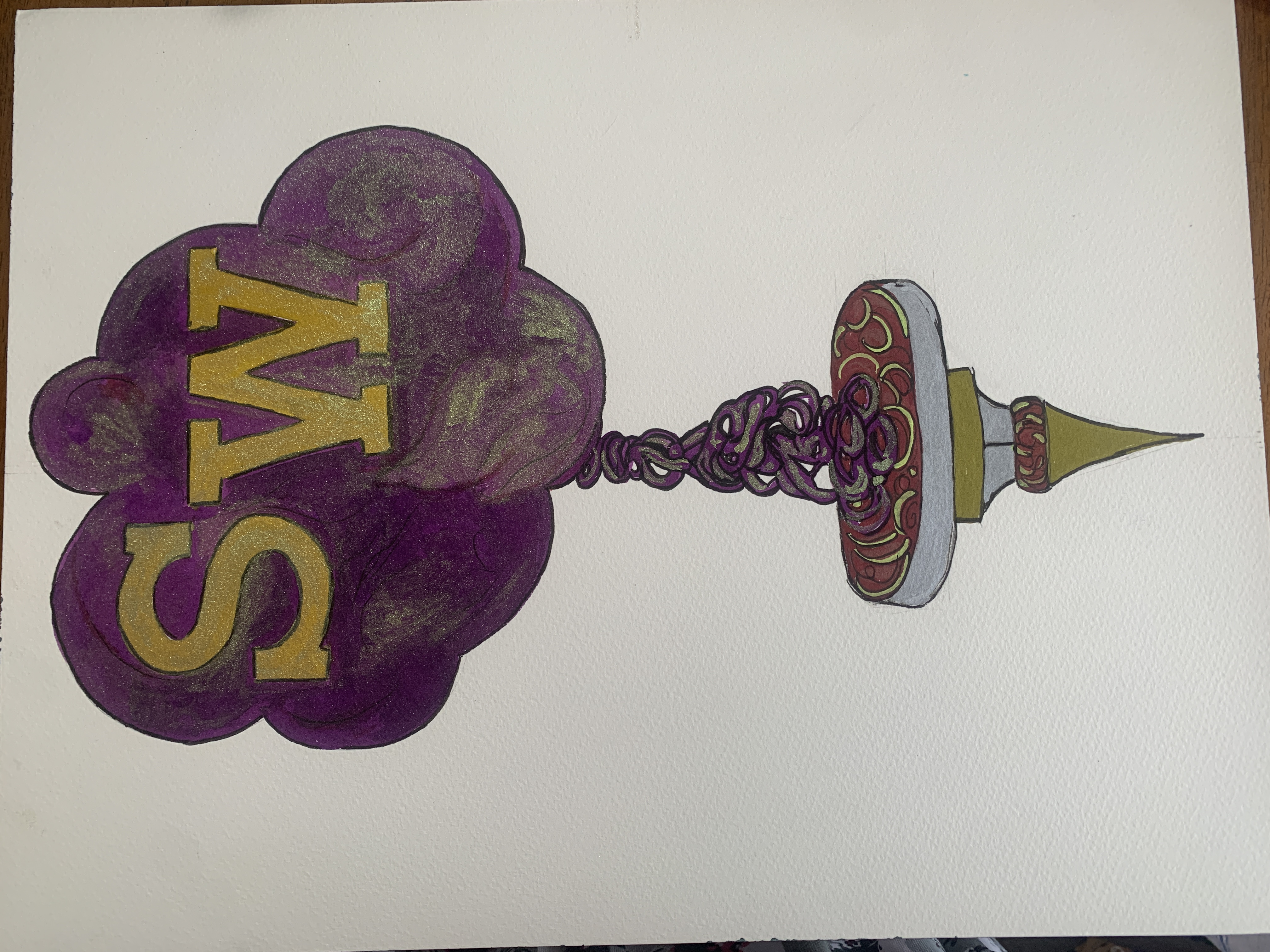 The Spinner's Web Logo. Depicts a drop spindle with purple fiber and the letters "SW" in the fiber.