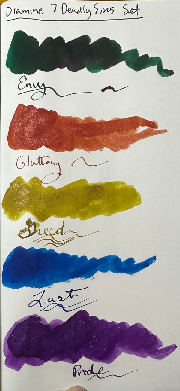 Fountain pen inks from Diamine based on the 7 Deadly Sins. In this pic: envy, gluttony, greed, lust, pride.